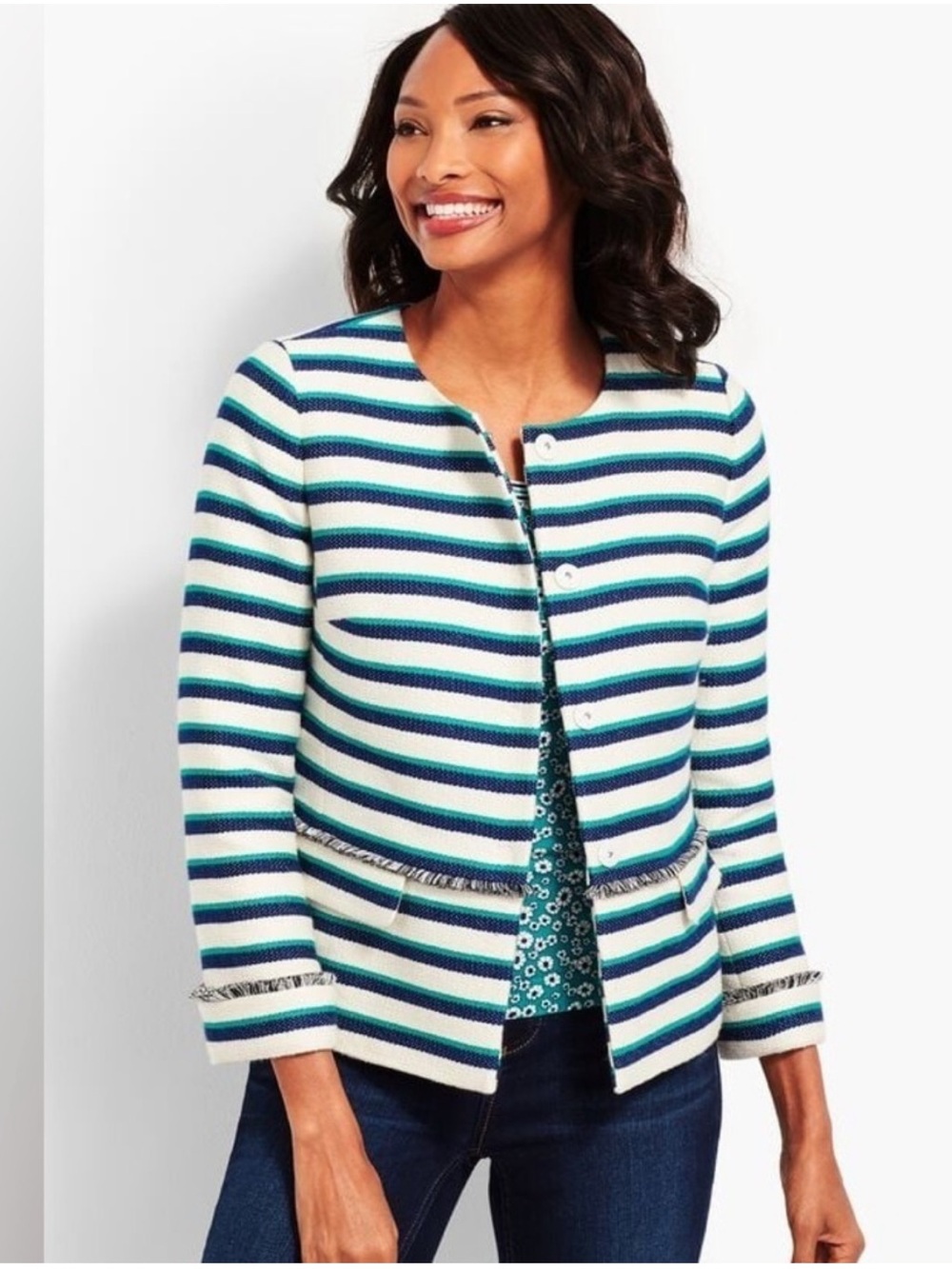 Talbots Cream Navy Green Striped Collarless Cropped fringe Blazer size 14P